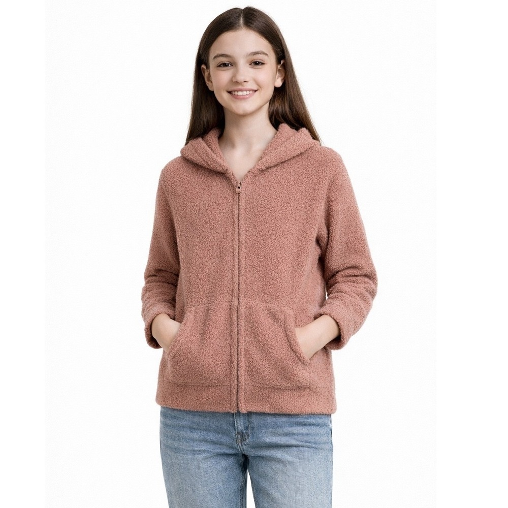 Uniqlo Girls Soft Fluffy Long Sleeve Hoodie Pink Kids Size 11‎ 12 NWT